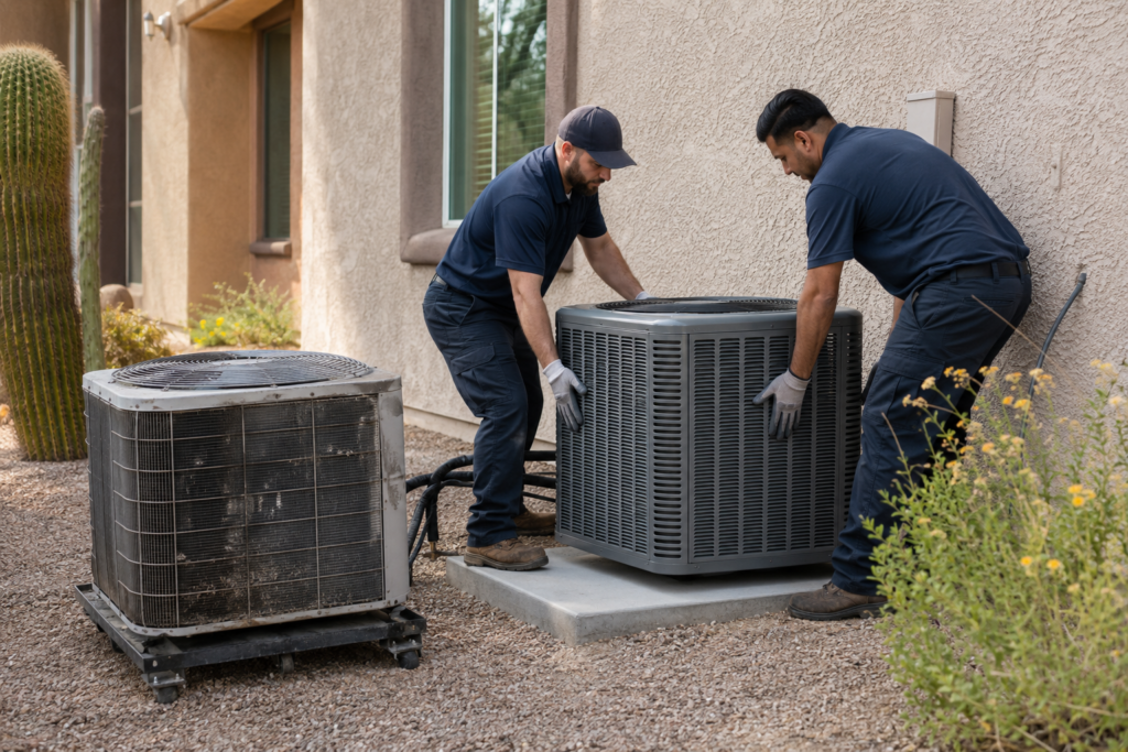 Two men replacing an ac system at Tempe, AZ home