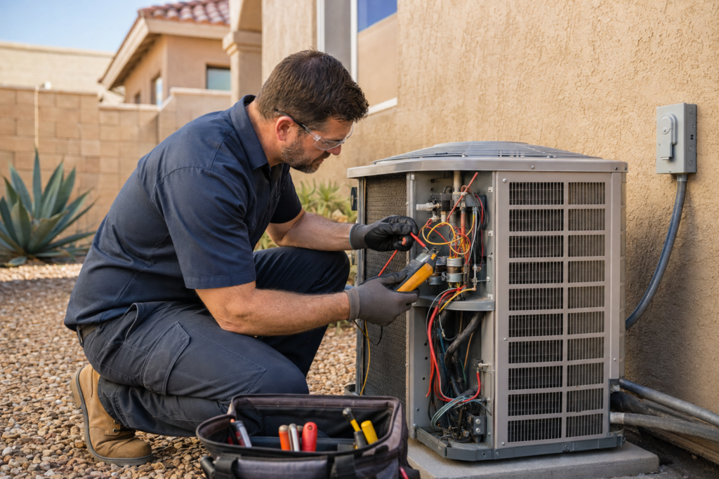 HVAC technician repairing an ac system in Tempe, AZ