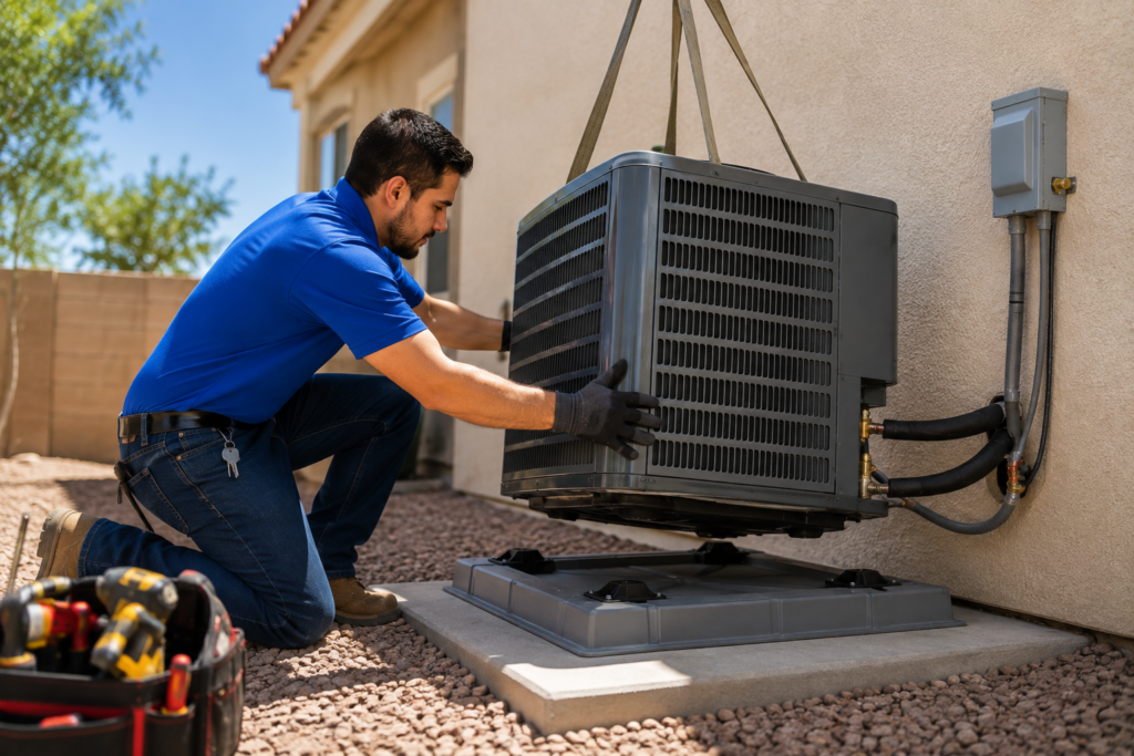 HVAC tech removing an old air conditioning unit outside of home in Arizona