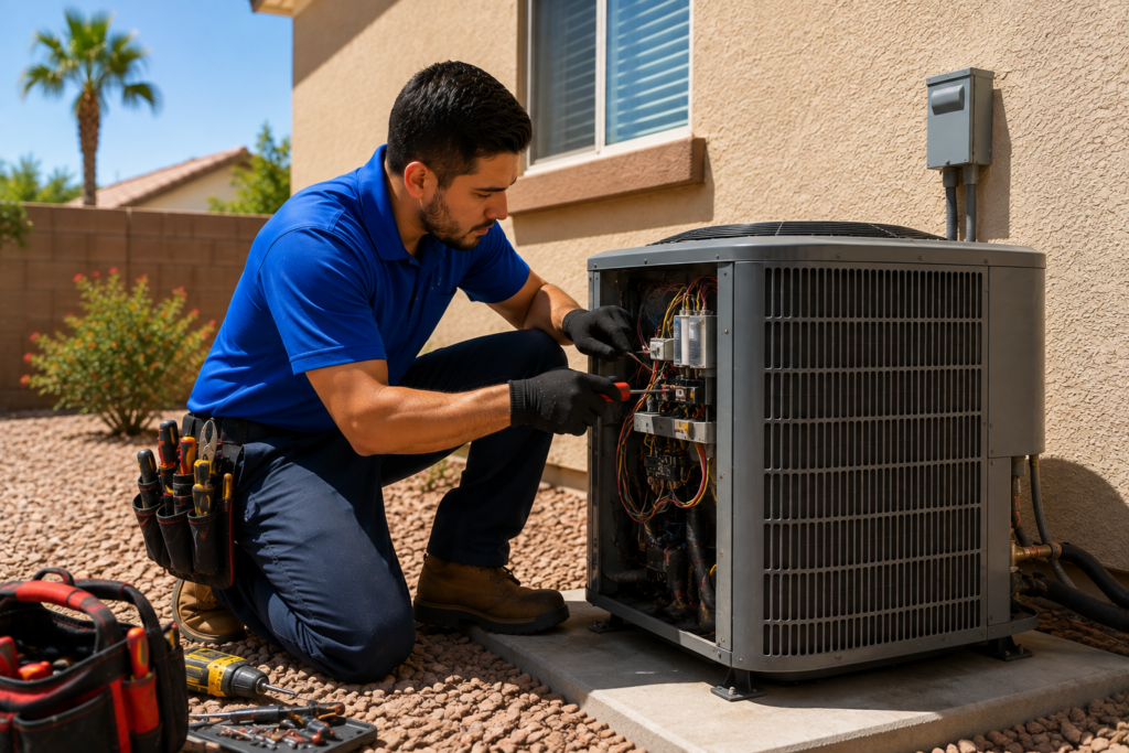 Technician repairing air conditioner unit outside of Tempe home